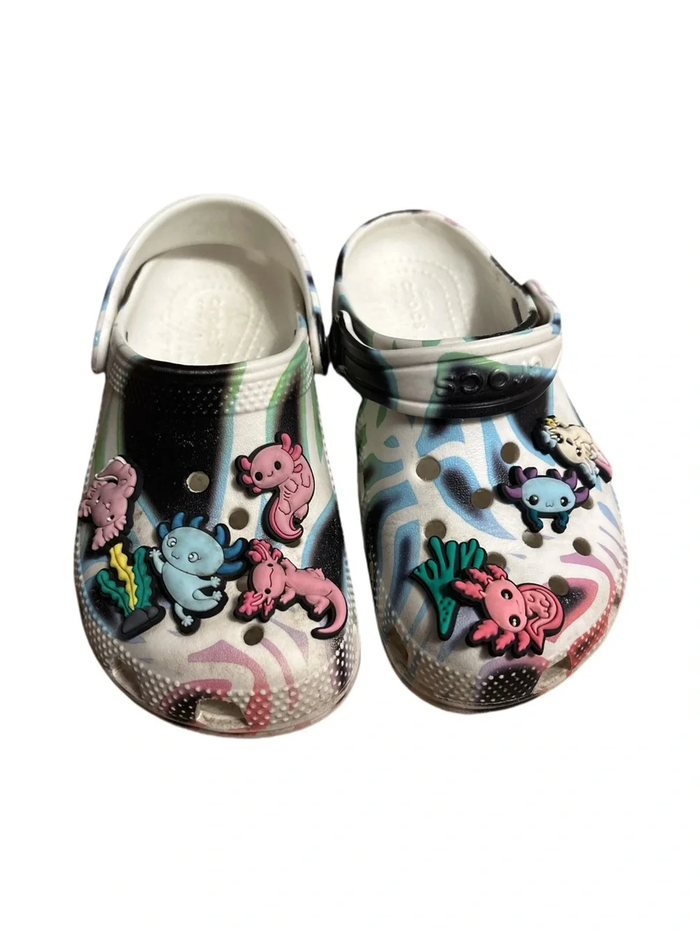 CROCS Kids Classic Spray Dye Clogs Colorful Axoloti Sea Life Jibbitz Size 11